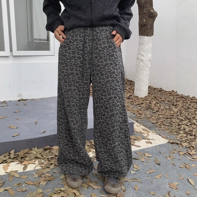 oneseven复古加绒豹纹直筒裤女