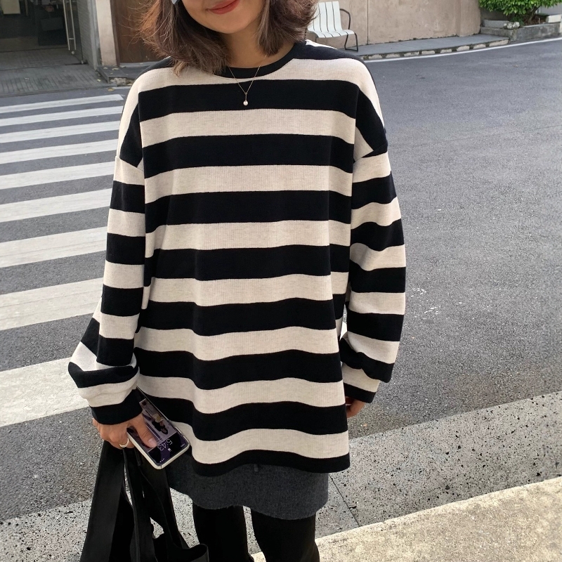 休闲百搭复古条纹长袖卫衣女打底
