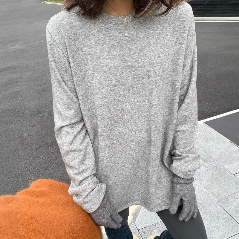 one seven加绒纯色圆领长袖T恤女2025秋冬宽松百搭显瘦打底衫上衣