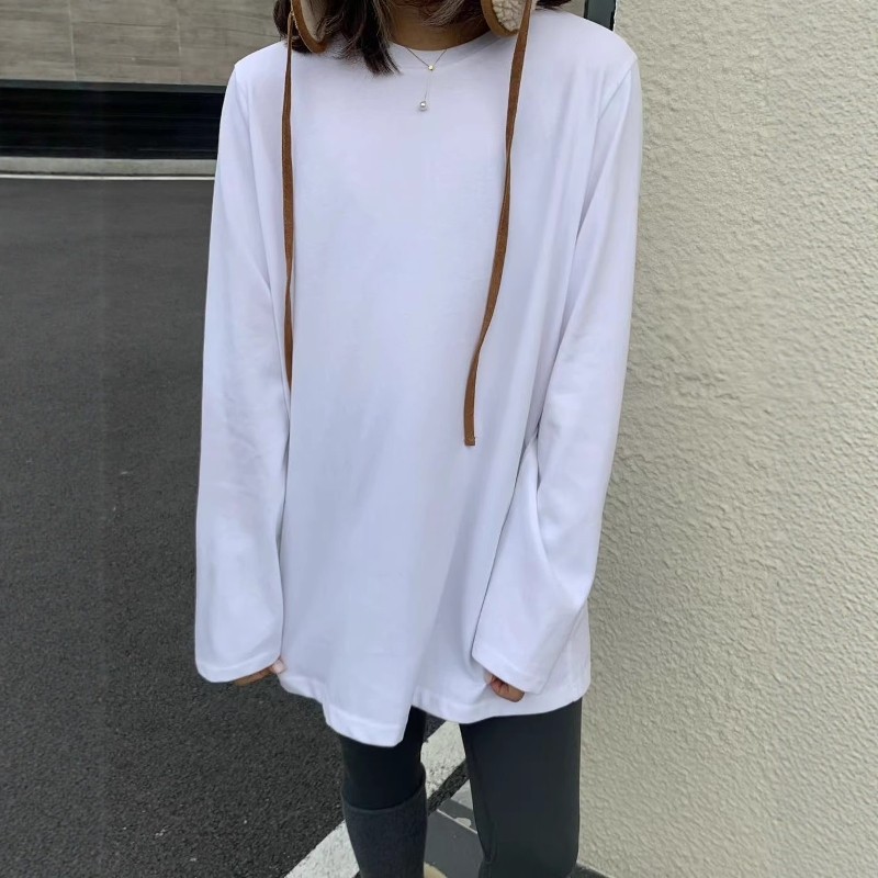 one seven圆领纯色长袖T恤女2025秋冬宽松百搭显瘦打底衫叠穿上衣
