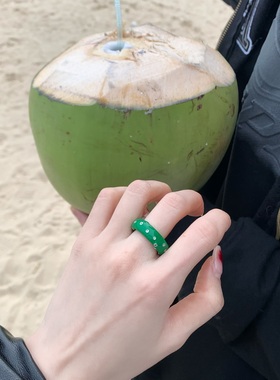 法式复古时尚绿色小众珐琅戒指环