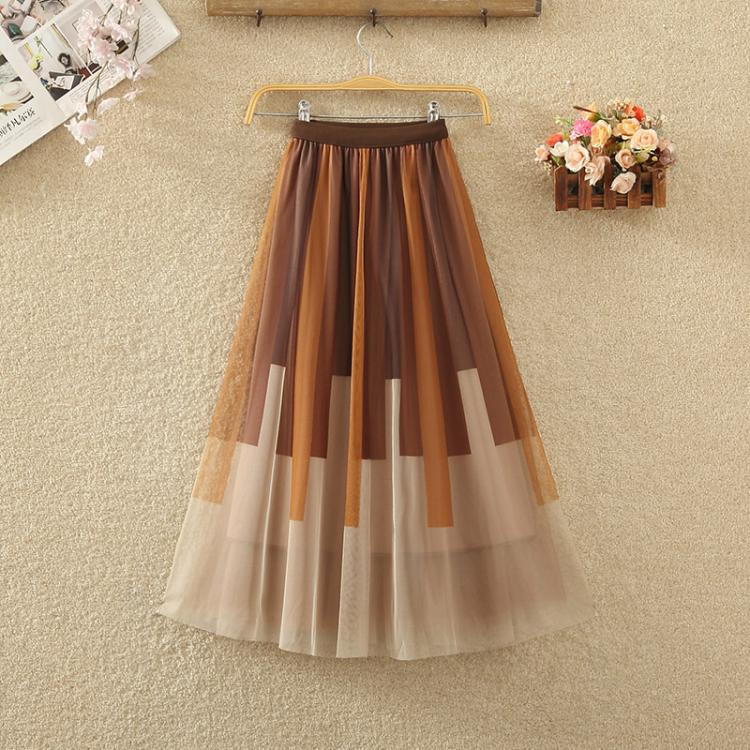 撞色条纹网纱a字大摆百褶半身裙