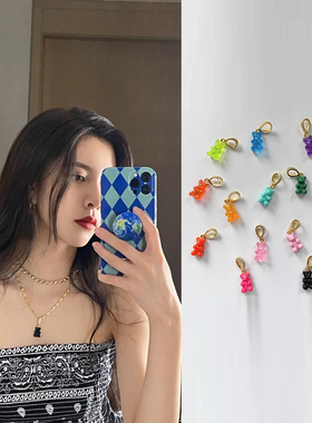 crystal haze宋妍霏同款蓝色小熊吊坠黑色带钻软糖果情侣项链叠搭