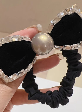 2024春夏新款黑色丝绒高级感水钻蝴蝶结发绳发圈灰色珍珠气质头绳
