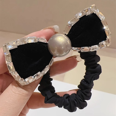 2024春夏新款黑色丝绒高级感水钻蝴蝶结发绳发圈灰色珍珠气质头绳