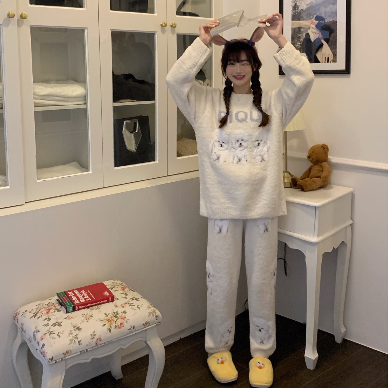gp秋冬新品软绵绵比熊狗狗女士提花家居服长袖长裤睡衣套装