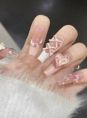 甜心小熊穿戴甲巨显白穿戴美甲手工亮片可拆卸指甲中长款韩系lns