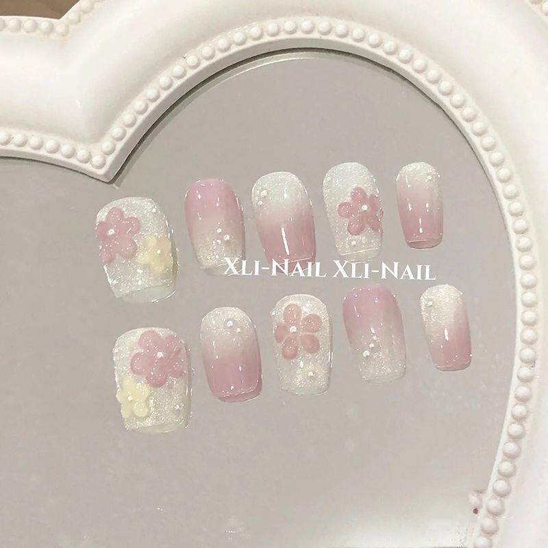 儿童春日花花裸粉渐变珍珠细闪穿戴美甲女童11岁专用中长款甲片