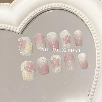儿童春日花花裸粉渐变珍珠细闪穿戴美甲女童11岁专用中长款甲片