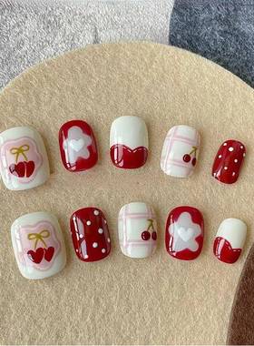 儿童穿戴甲红色草莓美甲贴片甲美甲片指甲片短款2025新款高级感