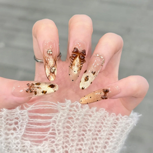 儿童秋日蜜意焦糖茶棕色猫眼穿戴甲秋冬美拉德美甲高级感长款甲贴