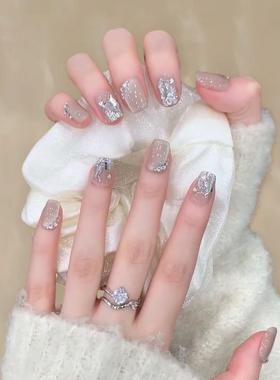 穿戴甲 纯手工高级感猫眼美甲短款黄黑皮显白甲片贴韩系lns