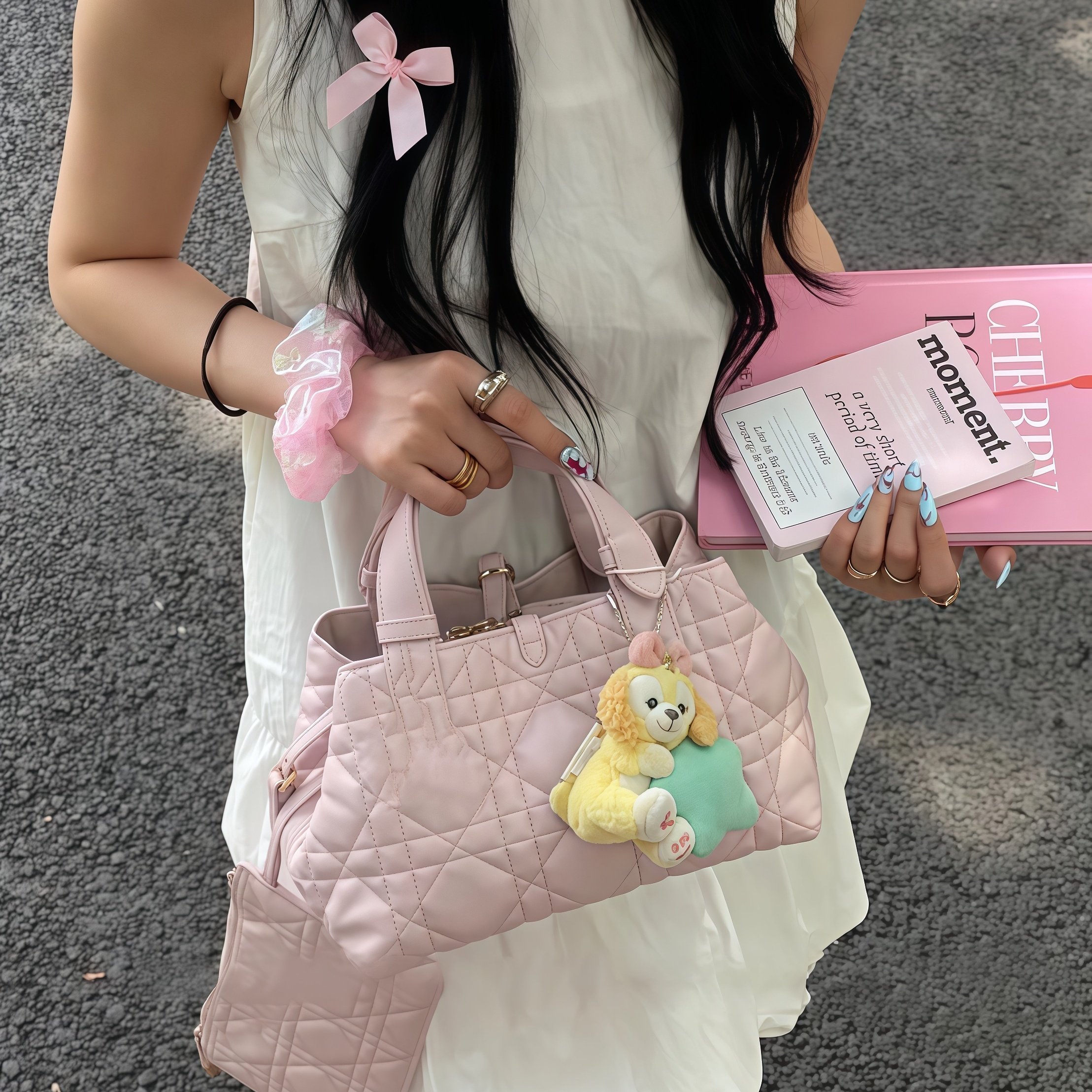 现货 / 草莓淡奶 贝儿粉龙心少女绗缝托特菱格手提包新款单肩包,箱包皮具/热销女包/男包,托特包,淘宝优惠券,粉丝福利购,淘宝优惠卷