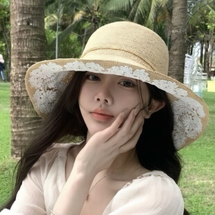野草莓/蕾丝缱绻 十一少女 楚楚同款日本大帽檐蕾丝草帽遮阳帽