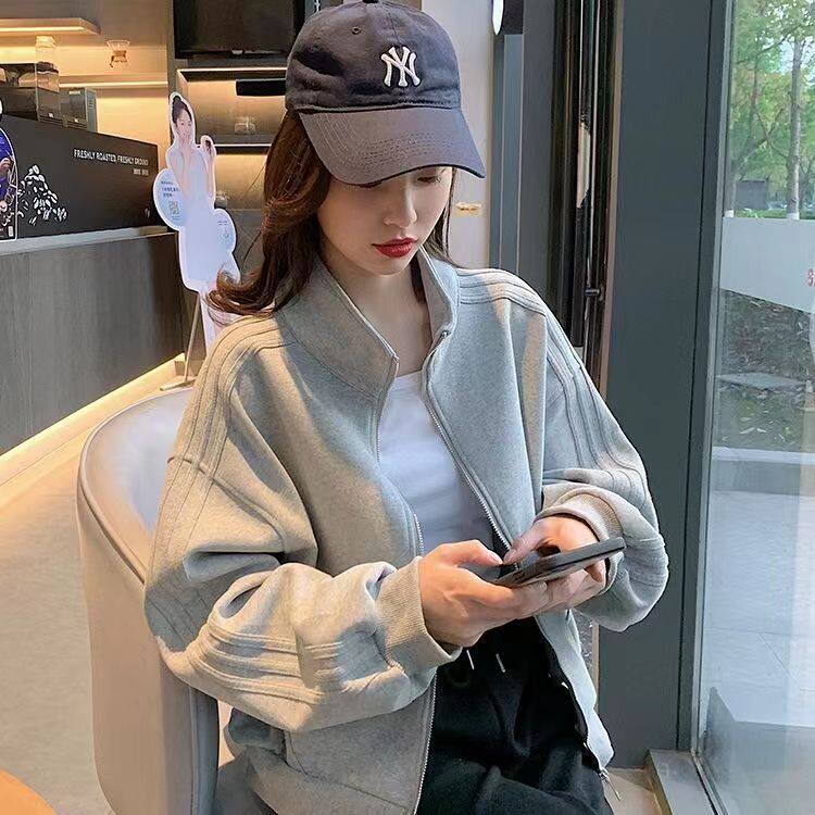 加绒短款棒球服外套女新款秋冬美式三条纹卫衣百搭立领小个子夹克