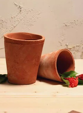 小高筒手工粗陶红花盆迷你青苔多肉植物泥瓦盆景兰花盆大阳台创意