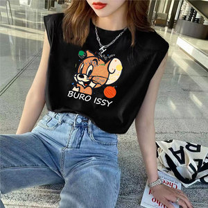 夏装韩版无袖宽松百搭背心t恤女卡通印花圆领内搭外穿运动ins上衣