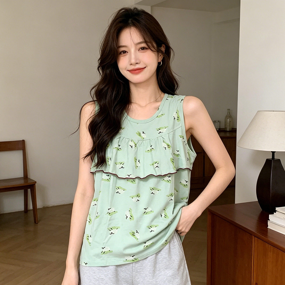 女夏加肥大码棉印花双层波浪防凸点无袖中长款可外穿睡衣家居背心