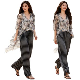 女秋季时尚新款条纹休闲裤宽松大码小个子显瘦高腰垂感百搭直筒裤