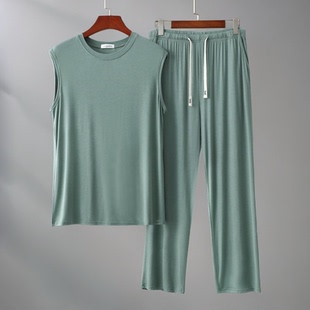 男半高领背心阔腿长裤睡衣睡裤套装夏季大码薄款莫代尔家居起居服