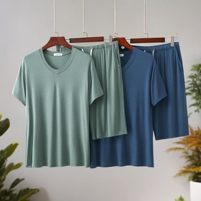 男士夏季莫代尔睡衣套装大码宽松V领家居服可外穿短袖短裤两件套