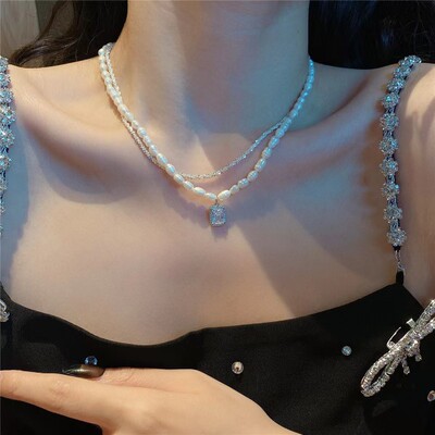 天然淡水珍珠项链女多层微镶锆石方形银色法式波光粼粼锁骨链颈链