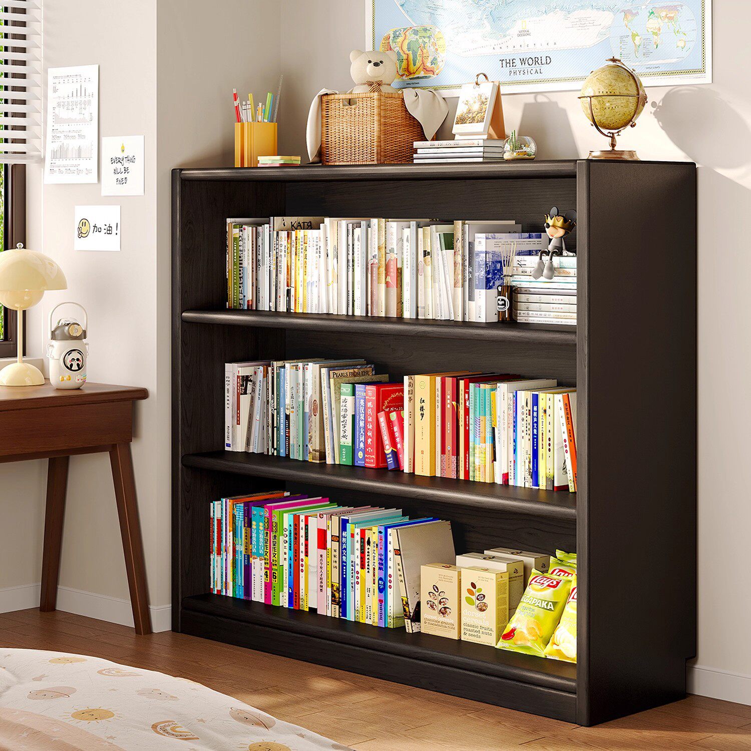 实木书架一体靠墙落地置物架黑色柜子储物柜收纳学生家用简易书柜