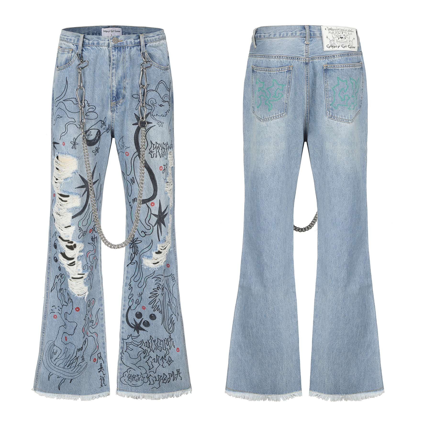 涂鸦水洗破洞磨烂微喇牛仔裤