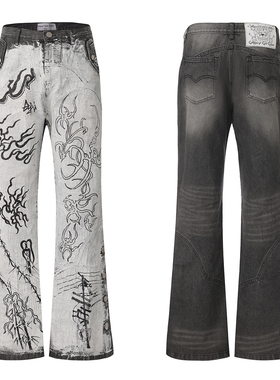 【定制REMAKE】CYCYCY 千禧复古涂层涂鸦怀旧灰水洗微喇牛仔裤