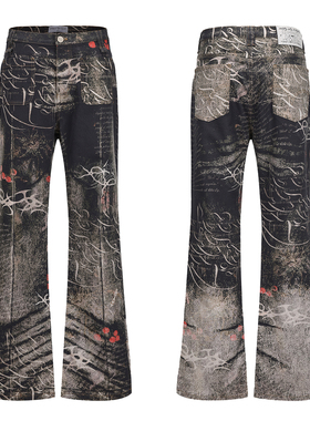 CYCYCY 小众设计诗歌斑驳油画满版印花修身微喇牛仔裤