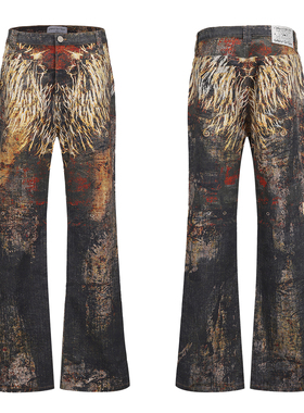 CYCYCY 小众设计印第安羽毛满版印花修身微喇牛仔裤