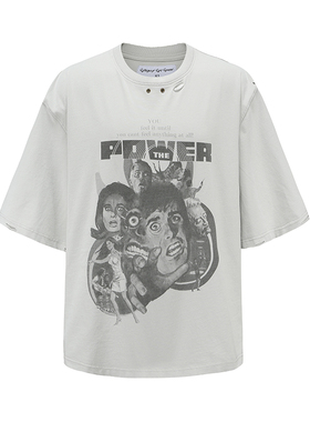 CyCyCy 秀场Y2K千禧朋克银灰破洞水洗印花群像廓形OS短袖T恤男女