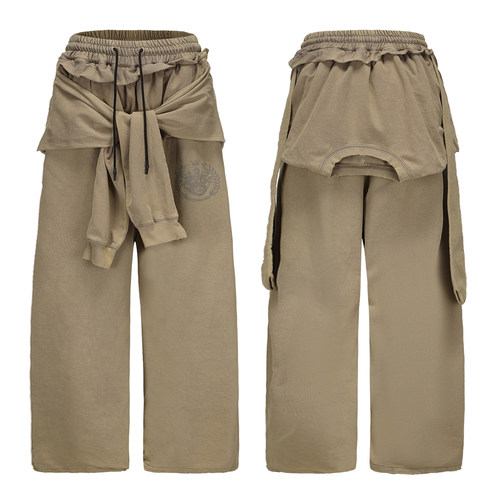 CYCYCY 千禧废土怀旧棕绿水洗磨边破坏假两件叠穿廓形卫裤