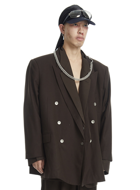 ERISSTOFF 深棕色双排扣VINTAGE质感复古时装廓形垂感垫肩西装