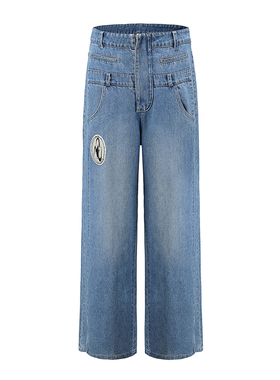 CyCyCy 秀场Y2K千禧朋克做旧双腰解构拼接休闲流行廓形牛仔长裤