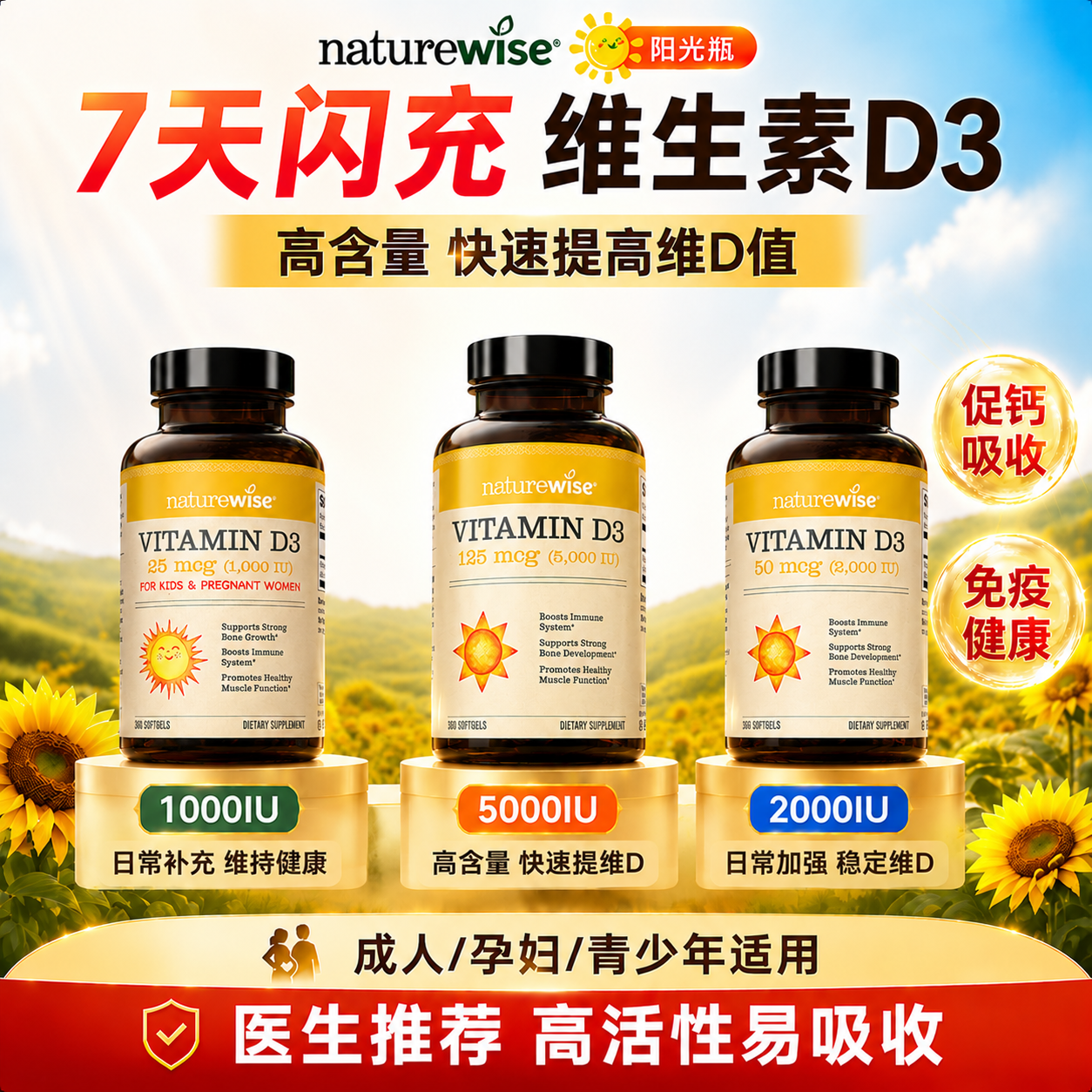 naturewise维生素d3成人女性孕妇青少年阳光瓶5000iuvd官方旗舰店
