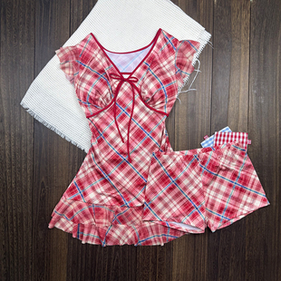 甜辣ins复古分体泳衣女保守显瘦遮肚性感格子温泉度假高级感泳装