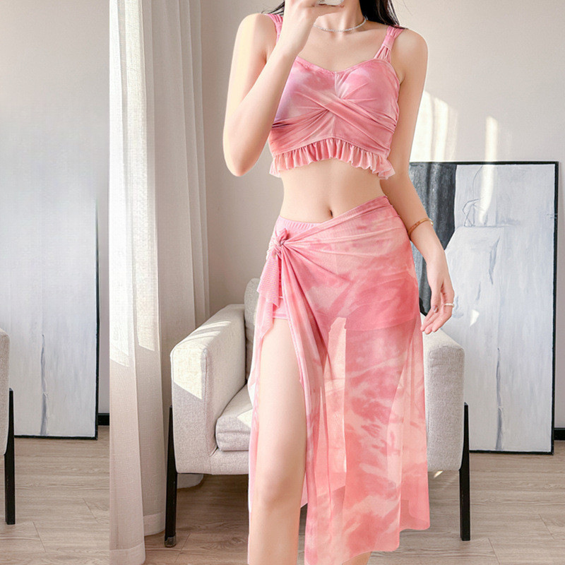 ins纯欲风分体泳衣女三件套性感比基尼小胸显瘦遮肚度假温泉泳装