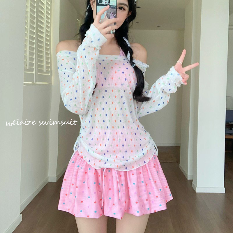 甜美波点分体泳衣女四件套保守纯欲小胸显瘦遮肚性感日系游泳装