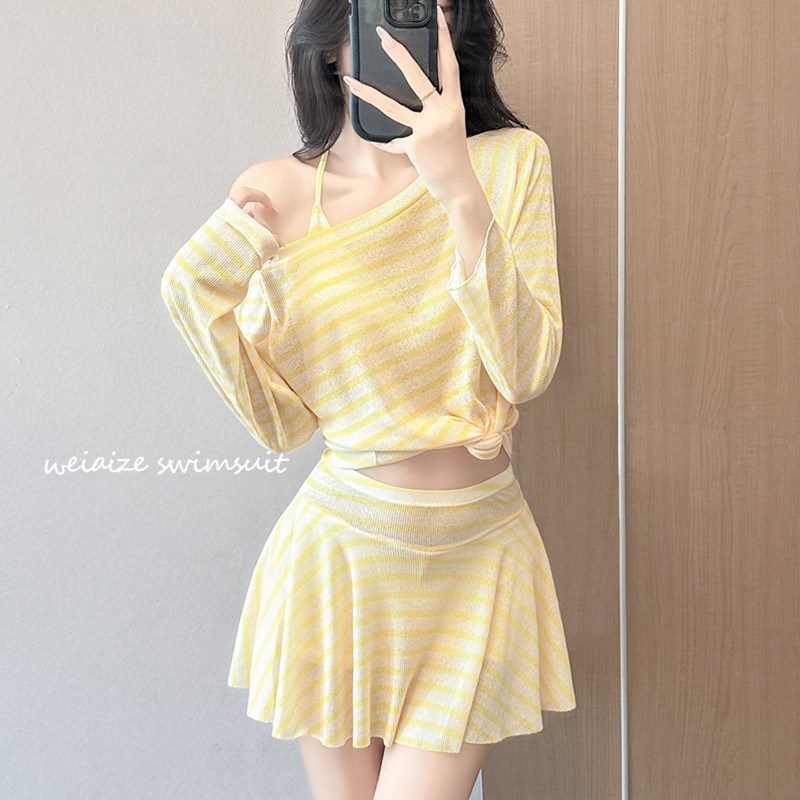 韩版小清新分体泳衣女三件套条纹显瘦遮肚保守性感温泉度假游泳装