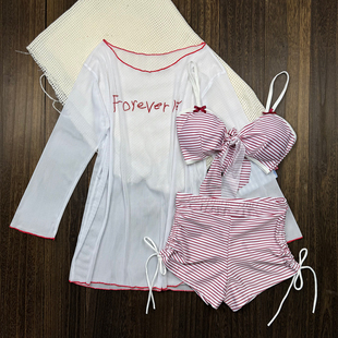 ins分体泳衣女三件套性感小胸显瘦遮肚保守微胖温泉度假纯欲泳装