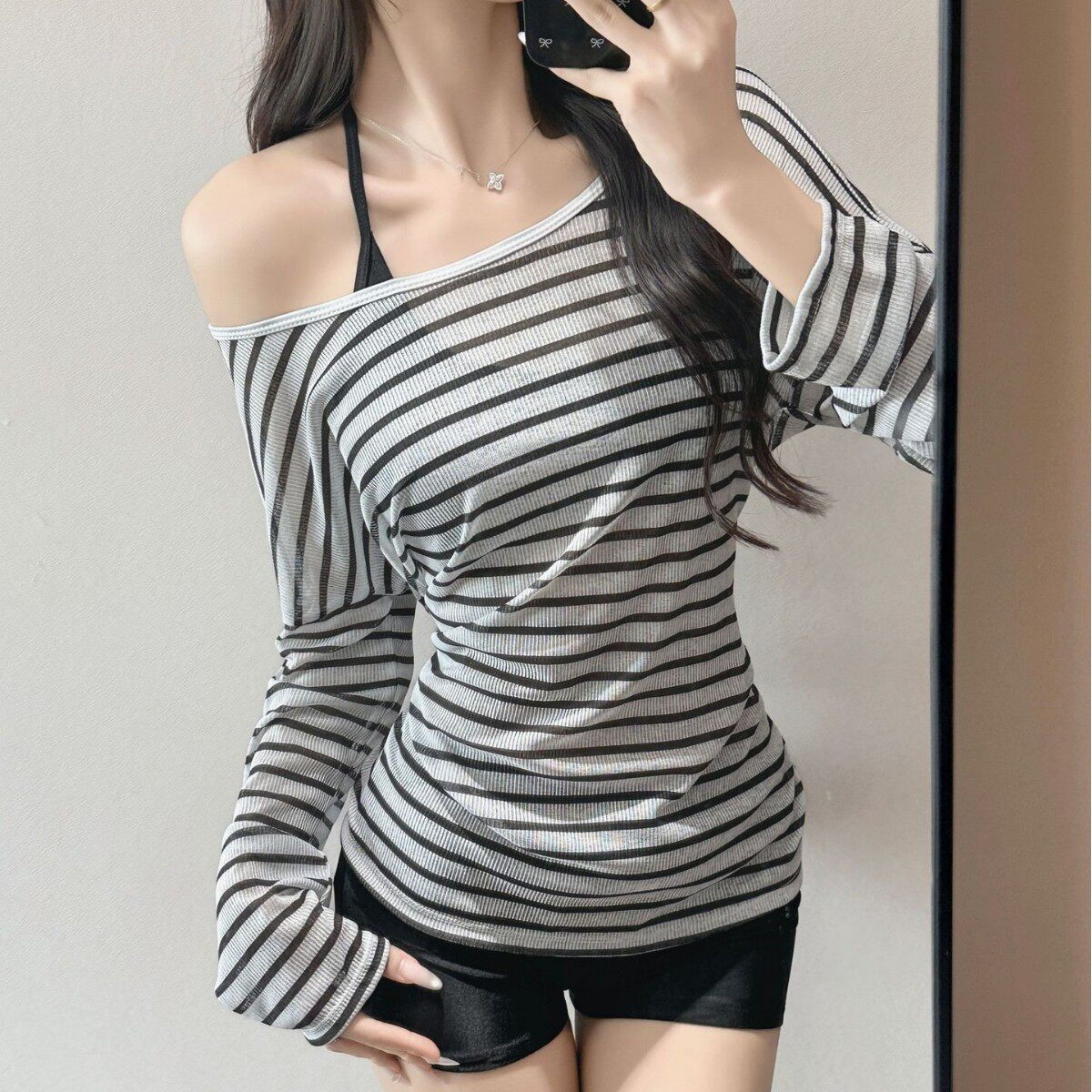 甜辣风条纹分体泳衣女保守显瘦遮肚韩版ins性感温泉度假游泳装
