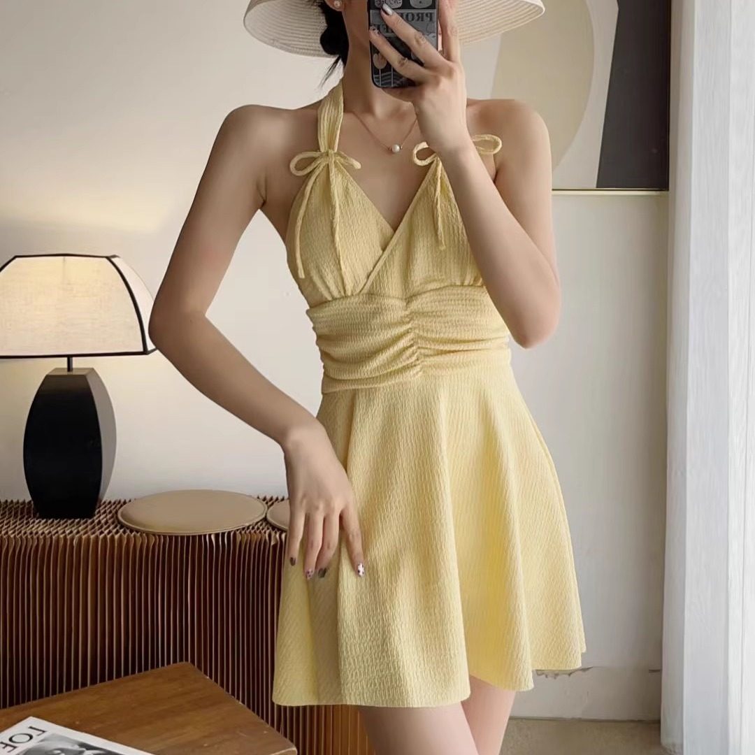 纯欲ins风连体泳衣女甜美保守显瘦遮肚V领少女温泉度假韩版游泳装