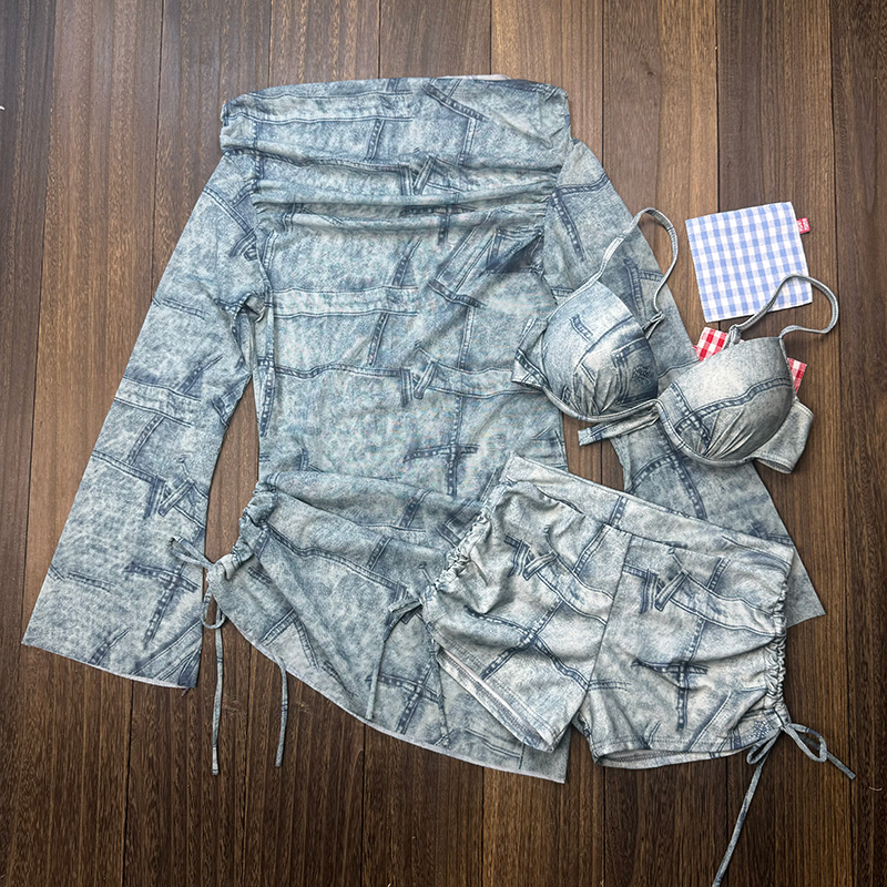 复古辣妹分体泳衣女三件套韩版保守长袖罩衫小胸性感显瘦度假泳装