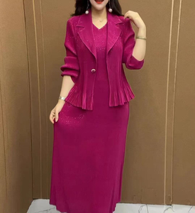 中老年妈妈连衣裙两件套长袖褶皱裙百搭气质高档女士新款显瘦套装