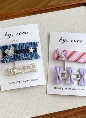 包邮小众牛仔流苏米奇边夹儿童浅紫条纹蝴蝶结发夹碎发小红书同款