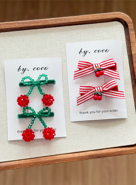 包邮小众少女串珠樱桃发夹ktt新年樱桃发饰边夹儿童红色樱桃发卡