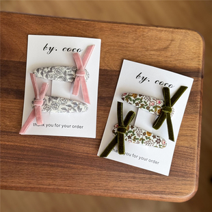 小红书儿童玫瑰丝绒蝴蝶结发夹少女宝宝碎花手工蝴蝶结发夹 包邮