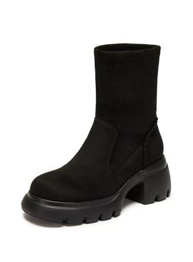 商场同款女鞋25新款百搭弹力靴黑色瘦瘦靴中靴厚底增高女靴Y2563D