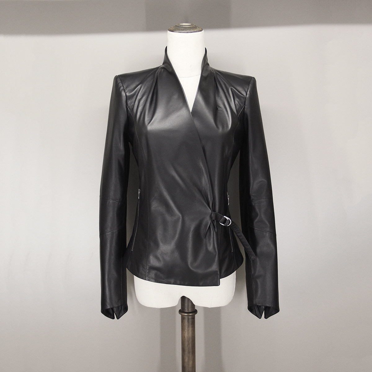 进口细腻柔然自然光泽绵羊皮经典立领系带修身不规则时尚女士皮